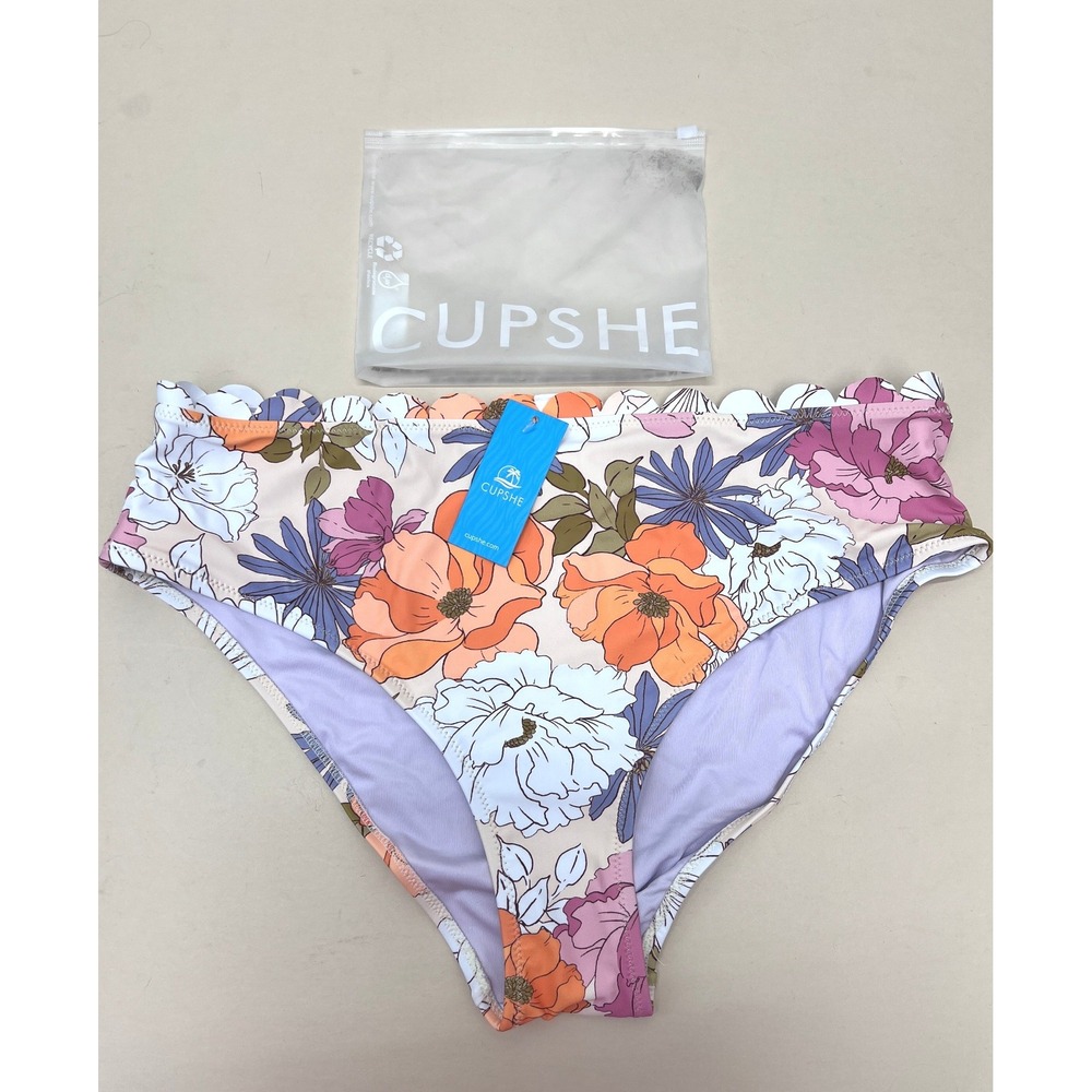 Cupshe Bikini Bottom Women XL Floral NWT Scalloped High Waist Swimwear